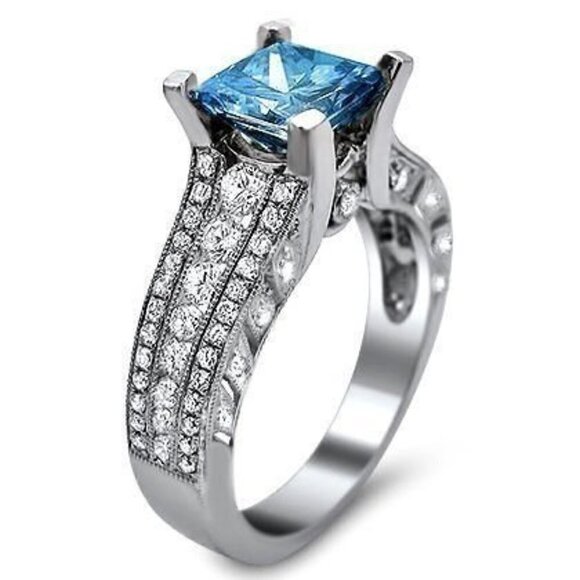 💞 Beauty Pure Blue Zircon Princess Cut Three Layer Cubic Rings Women, PD… - Picture 1 of 5